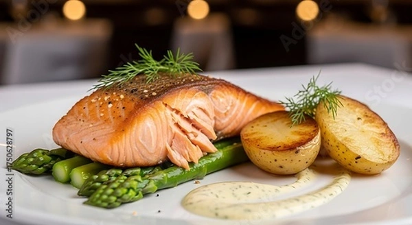 Obraz Salmon fillet with asparagus dish