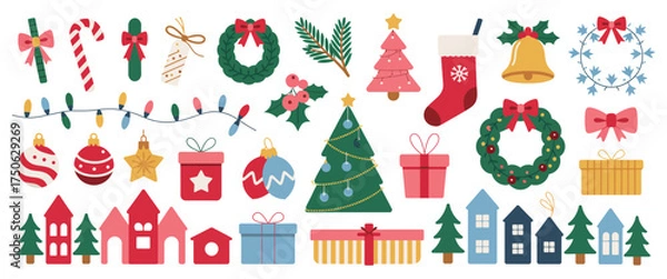 Fototapeta Christmas Ornament and Frame Vector Set – Includes Tree, Bauble, Gift, Wreath, Leaves, Snowflake, Candy Cane, Screen – Design for Sticker, Card, Poster, Invitation, Greeting