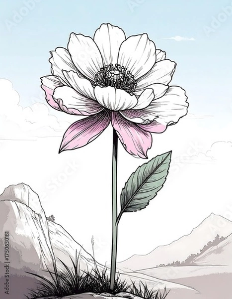 Fototapeta Detailed drawing of a flower in a landscape