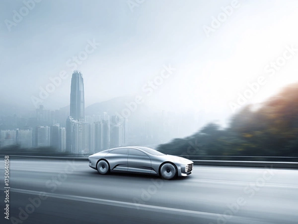 Fototapeta Sleek, futuristic car speeds on a highway with a cityscape backdrop. Symbolizes innovation, transportation technology,  progress. Ideal for future mobility concepts.