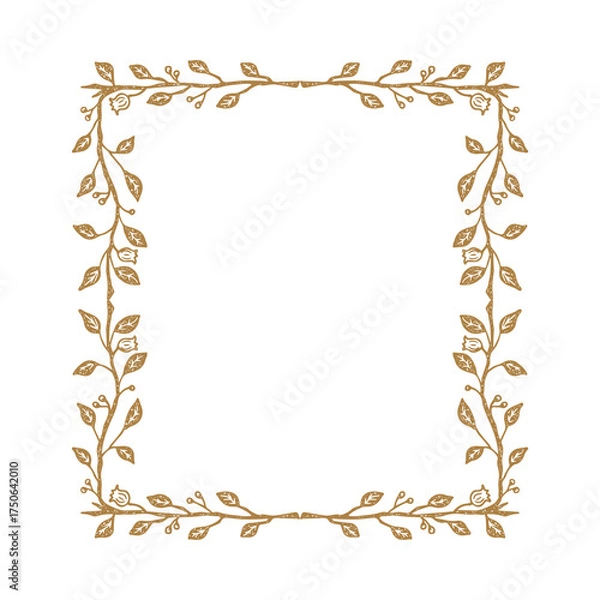 Fototapeta Elegant golden vine frame decorated with delicate flowers, luxury botanical border design, natural ornamental wreath with shiny yellow-gold tones, perfect for invitations, posters, and digital artwork