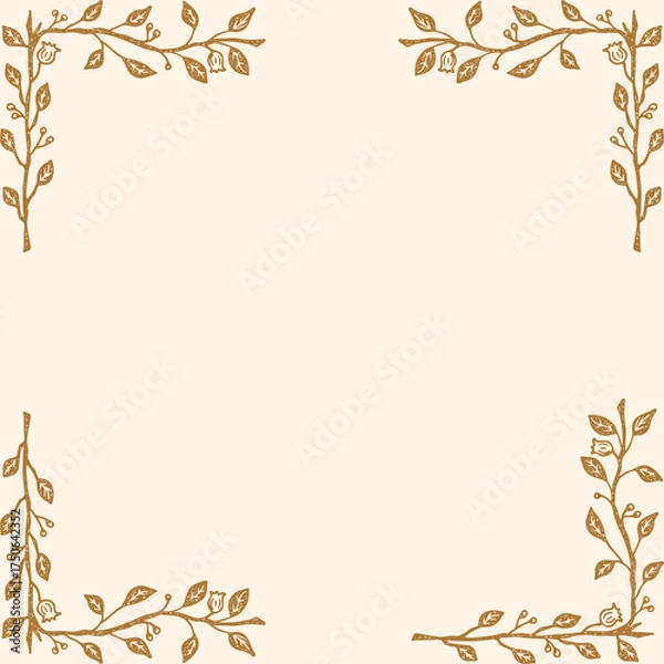 Fototapeta Elegant golden vine frame decorated with lush green leaves, luxury botanical border design with yellow-gold tones, natural ornamental wreath, perfect for invitations, branding, posters, and digital.