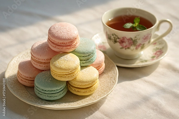 Fototapeta Elegant pastel dessert styling with vintage tea set and soft natural light