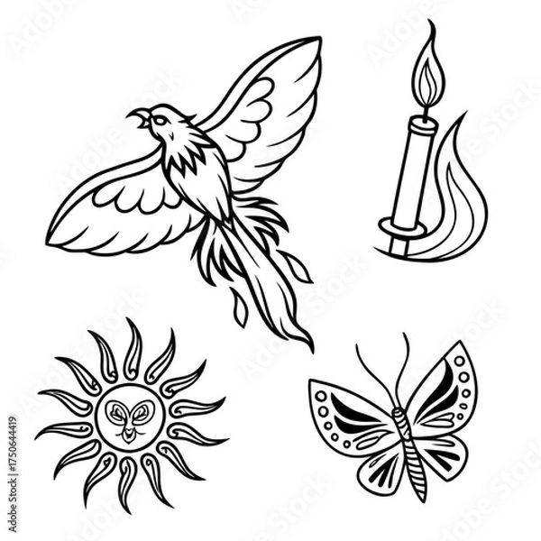 Obraz fine line tattoo icons flame phoenix and candle clipart set.svg