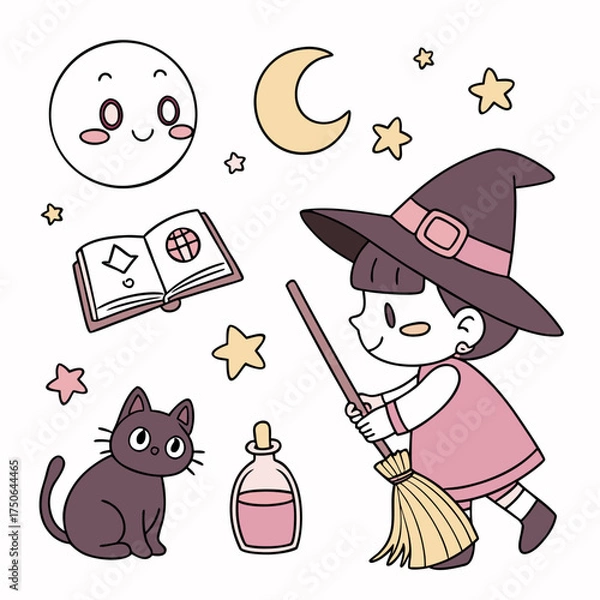 Obraz kawaii doodle vector icons baby witch and brooms clipart set.svg