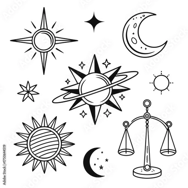 Obraz minimal line tattoo icons sun moon and star symbols clipart set.svg