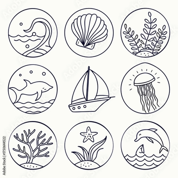 Obraz minimal line tattoo icons wave seashell and fish clipart set.svg