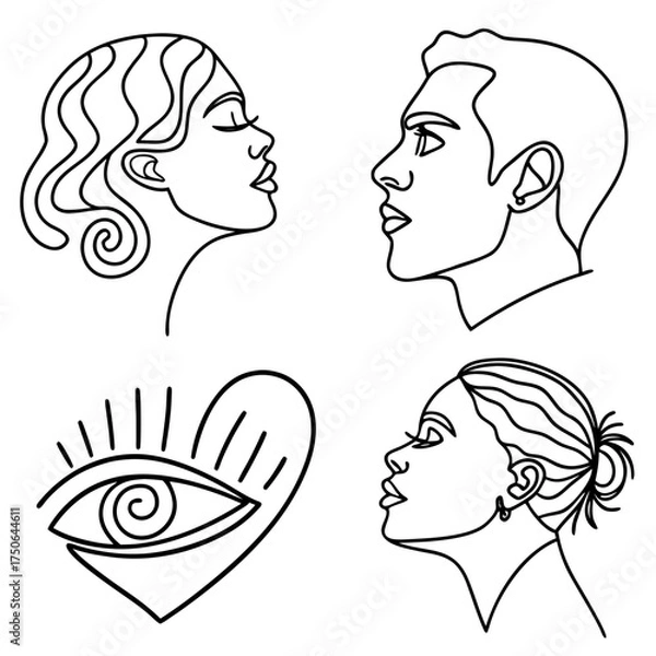 Obraz single continuous line icons woman face and man face clipart set.svg