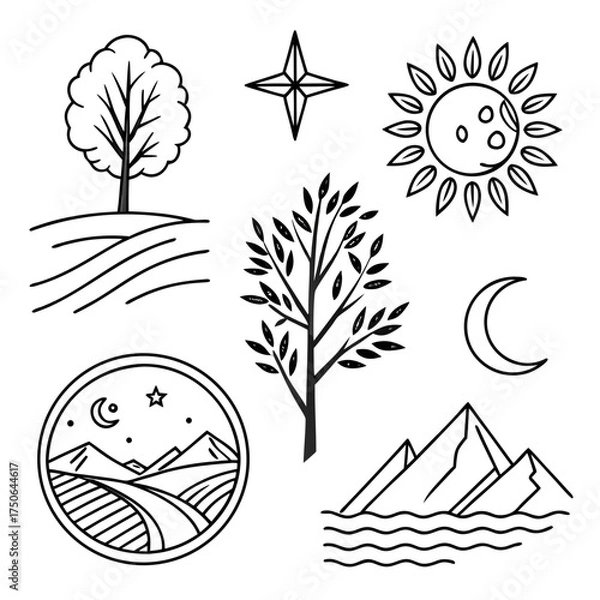 Obraz thin black line vector icons tree mountain and river clipart set.svg