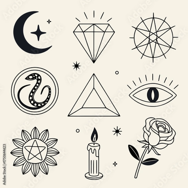 Obraz thin line icons crescent moon crystal and tarot clipart set.svg