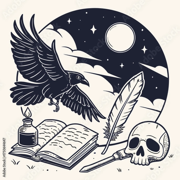 Obraz vintage etching style raven in flight and raven skull clipart set.svg
