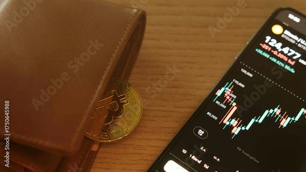 Fototapeta Bitcoin, finance, investment, and digital economy concept with physical coin beside wallet and smartphone displaying cryptocurrency trading chart