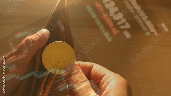 Fototapeta person holding Bitcoin coin near wallet with financial chart overlays, symbolizing digital investment and cryptocurrency economy