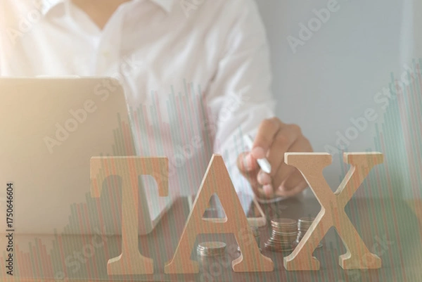 Fototapeta Tax, investment, business planning, and economic growth concept with businessman analyzing financial data and stacked coins for future strategy