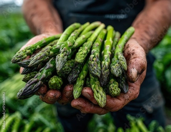 Fototapeta Freshly harvested green asparagus held in hands, showcasing vibrant colors and textures, surrounded by lush agricultural field, emphasizing organic farming and sustainable practices