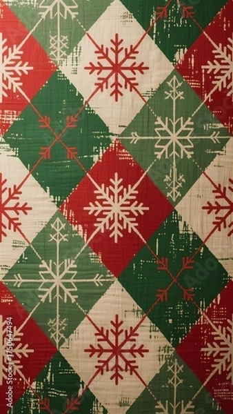 Obraz Photo-realistic distressed diamond-patterned fabric in red, green, and beige with original snowflake motifs and subtle line variations