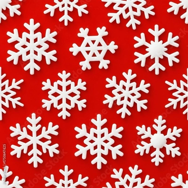 Fototapeta Seamless pattern with bright red background and white snowflakes in various intricate shapes and sizes, slightly reduced density, photo-realistic texture