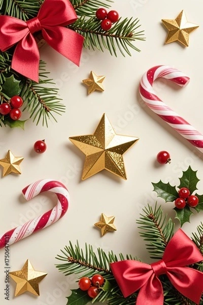 Fototapeta Photo-realistic Christmas pattern with satin red/pink bows, green pine branches, glossy gold stars, striped candy canes, and holly berries on cream background
