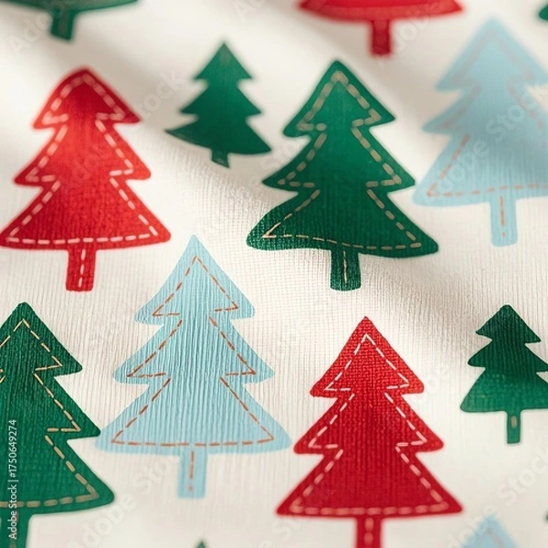 Fototapeta Photo-realistic close-up of cotton fabric with red, green, light blue Christmas tree pattern, visible weave, soft cream background, subtle wrinkles