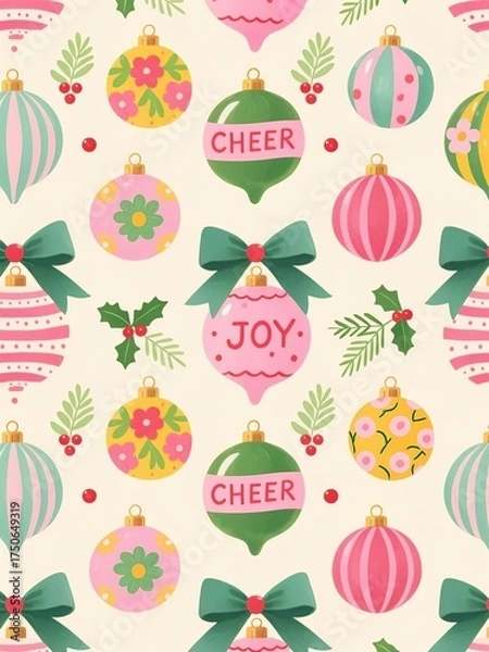 Fototapeta Photo-realistic Christmas ornament pattern on light beige with colorful baubles, floral/pinstripe designs, 'CHEER', pink/green bows, holly, foliage, hand-painted watercolor texture