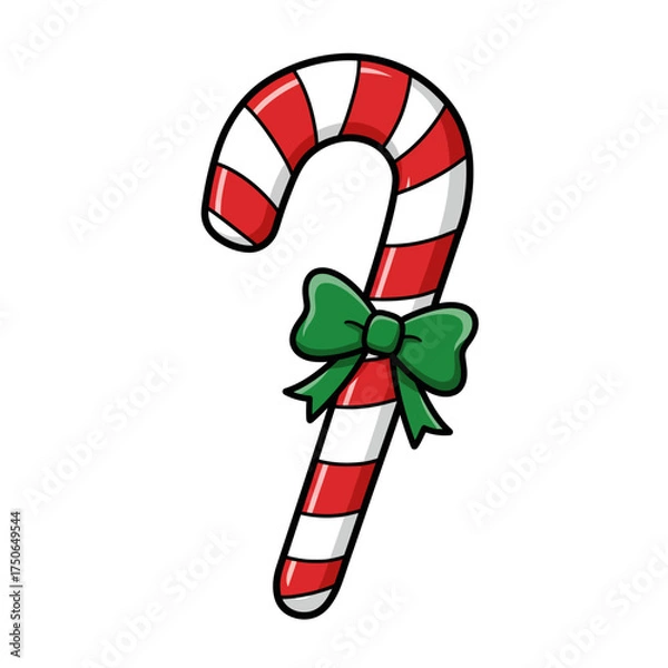 Obraz Cartoon illustration of a candy cane with red and white stripes, decorated with a green bow.
