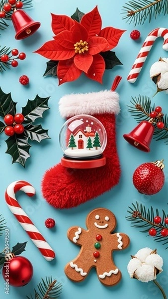 Fototapeta Photo-realistic Christmas pattern with red fuzzy stocking, glass snow globe, vibrant red poinsettia, candy canes, gingerbread man, holly, pine branches, bells, and cotton on soft light blue background