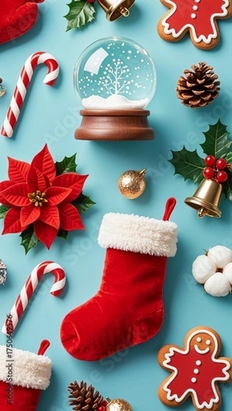 Fototapeta Photo-realistic Christmas pattern with red fuzzy stocking, glass snow globe, vibrant red poinsettia, candy canes, gingerbread man, holly, pine branches, bells, and cotton on soft light blue background
