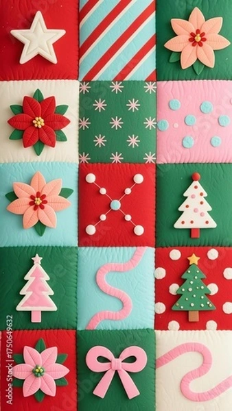 Fototapeta Photorealistic festive patchwork with textured squares in red, green, light blue, pink, cream; patterns include stars, stripes, poinsettias, Christmas trees, bows, abstract curves
