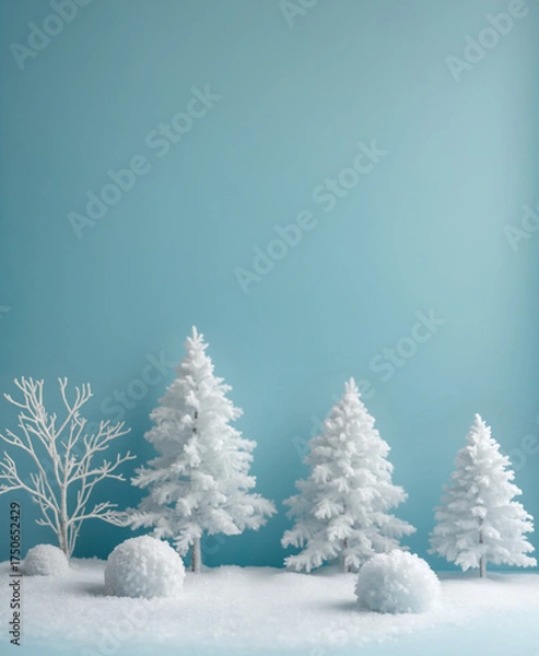 Obraz Minimalist winter scene with white, snowy miniature trees and snowballs on a light blue background. Ample copy space for text.