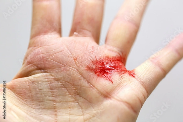 Obraz Close up of a bleeding cut hand with tiny shards of glass.