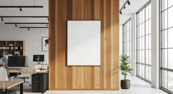 Obraz Spacious Modern Office Interior with Wood Paneled Wall, Blank Frame, Desks, and Bright Grid Windows