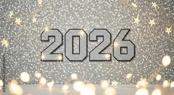 Obraz Sparkling 2026 New Year Celebration with Star Lights on Silver Glitter Background