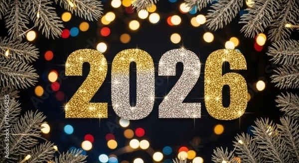 Obraz Sparkling 2026 New Year: Gold & Silver Glitter Numbers, Festive Bokeh, Frosted Pine Branches