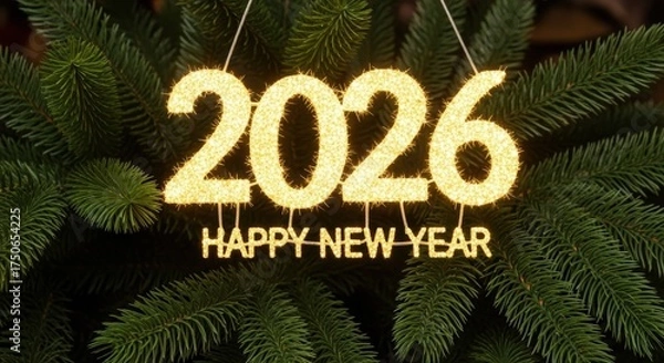 Obraz Sparkling 2026 New Year Sign Amidst Lush Green Pine Branches, Festive Glow