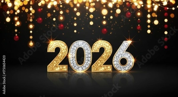 Obraz Sparkling Diamond and Gold Numbers 2026 Illuminated by Festive Bokeh Lights