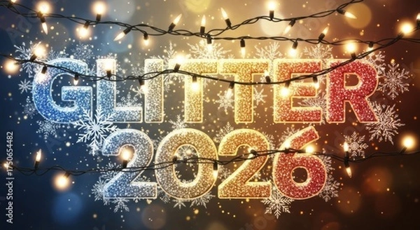 Obraz Sparkling "Glitter 2026" Text with Festive Lights and Snowflakes on Gradient Background