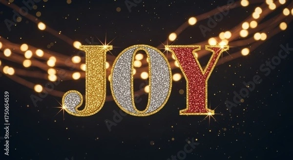 Obraz Sparkling "JOY" text with golden bokeh lights and glitter particles on a dark background