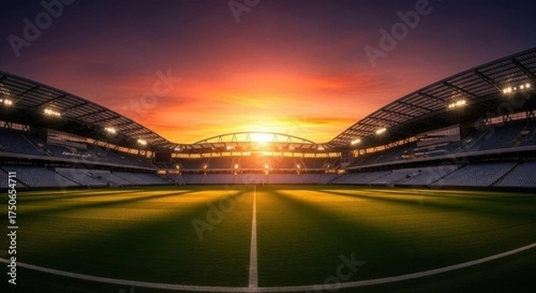 Obraz Stadium at Sunset: Empty Seats, Golden Field, Dramatic Sky