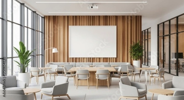 Obraz Sunlit Modern Office Lounge with Blank Screen on a Vertical Wood Slat Wall