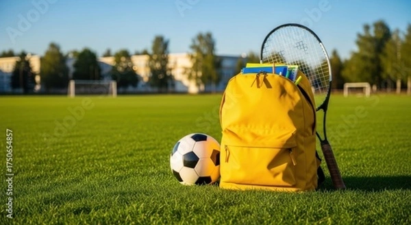 Obraz Sunny School Day Essentials: Yellow Backpack, Soccer Ball, Tennis Racket on Lush Green Field