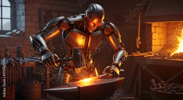 Obraz Robot blacksmith forging metal in workshop