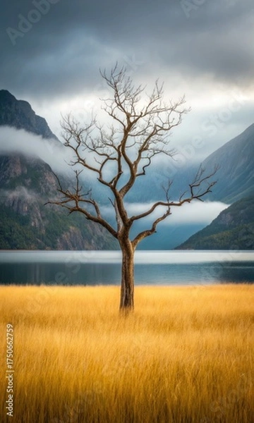 Obraz Bare Tree in Golden Field with Misty Mountains and Lake Scenery