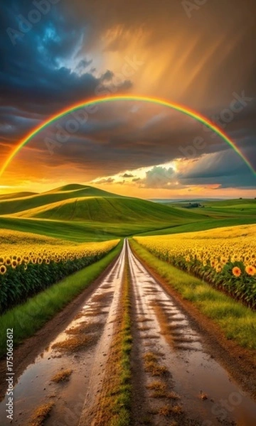 Obraz Rainbow Over Sunflower Fields Pathway Landscape, Sunlit Hills and Cloudy Sky