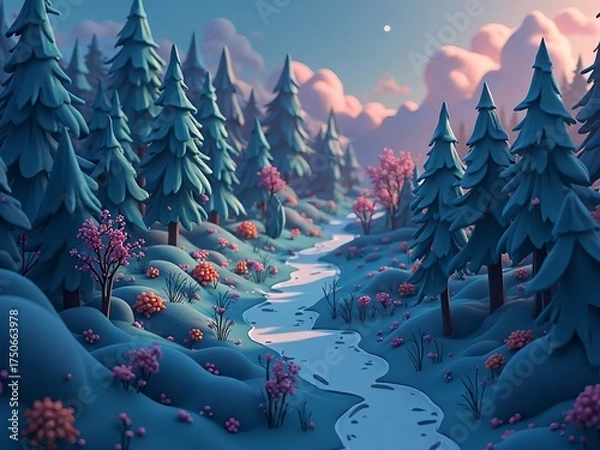 Fototapeta 自然, 景色, 環境問題, 風景, 木, イラスト, 季節, 観光, 旅行, 山, 森, 空, 草, デザイン, 緑, 山脈, 夕方の森、夜の森、森林、川、道、