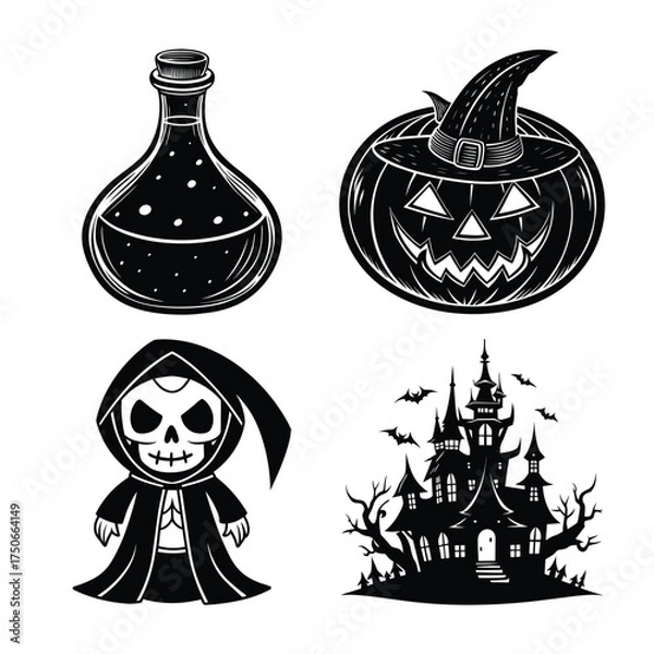 Obraz Vector art of halloween vector illustration set featuring a potion bottle, pumpkin wearing a witch hat, grim reaper, and haunted castle in black and white.