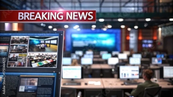 Obraz Breaking News Studio with Computer Screens and Operators Monitoring Live Feeds