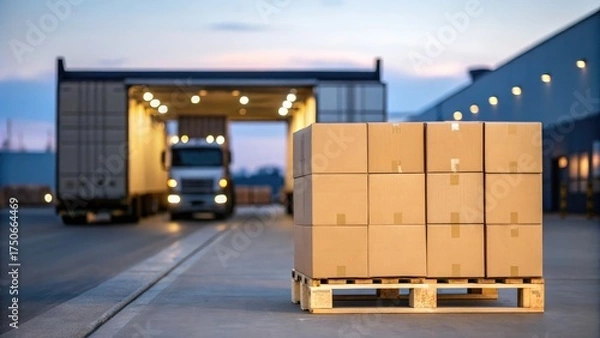Obraz Boxes on Pallet Ready for Shipping with Truck at Docking Bay