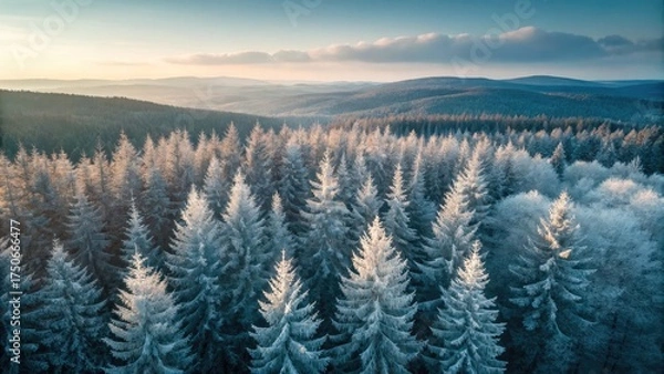 Obraz Winter Wonderland Aerial View Frosted Trees and Mountain Scenery at Sunrise