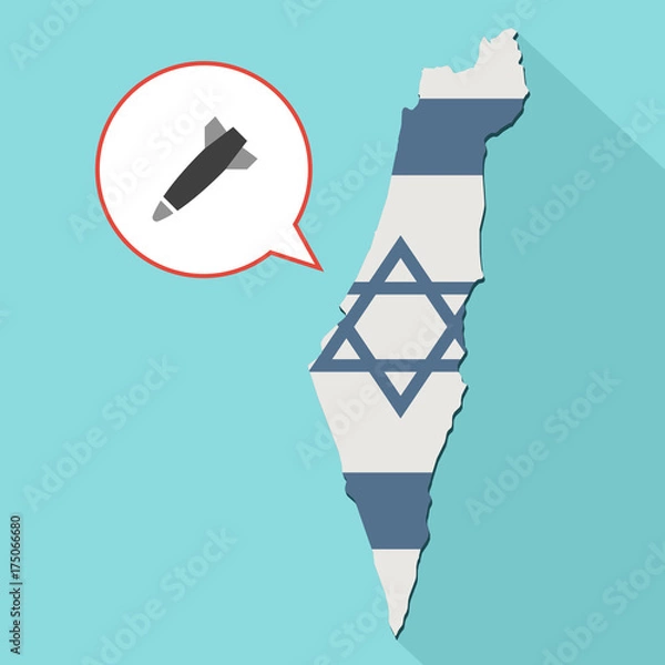 Obraz Animation of a long shadow Israel map with its flag and a comic balloon with a bomb