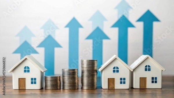 Obraz Rising Real Estate Market Investment Concept with House Models and Stacks of Coins